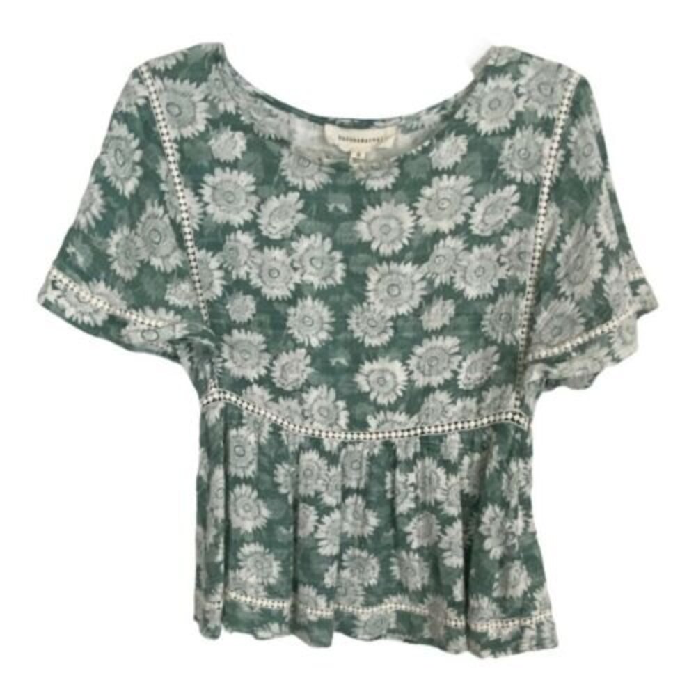 Dance & Marvel Womens Shirt Size Small Green Floral Lace Peasant Short Sleeve